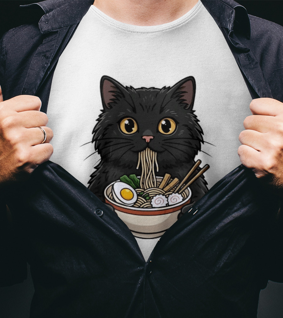 Black Cat Enjoying Ramen Noodles Anime T-Shirt