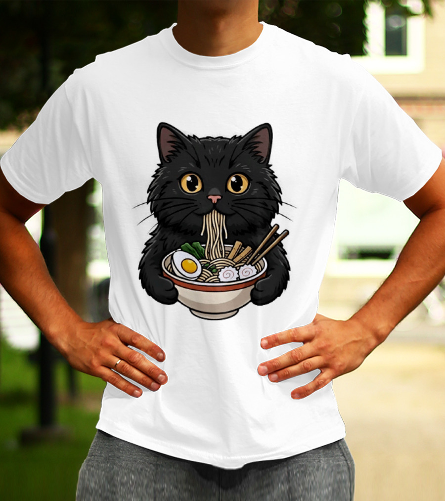 Black Cat Enjoying Ramen Noodles Anime T-Shirt
