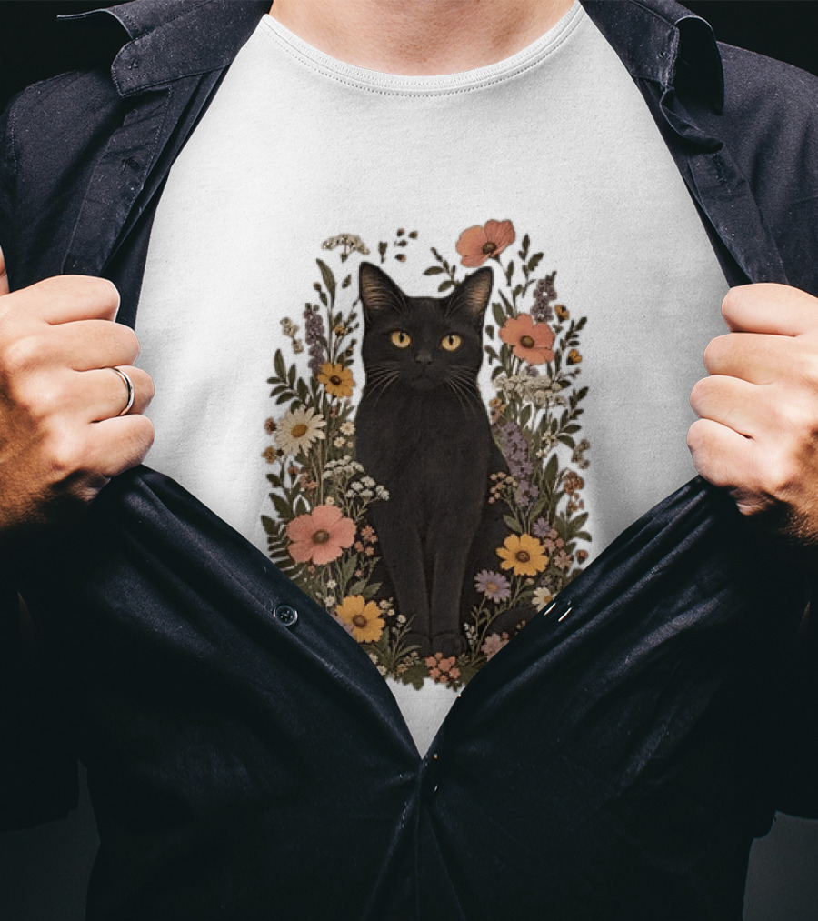 Black Cat In Blooming Garden Of Wildflowers T-Shirt