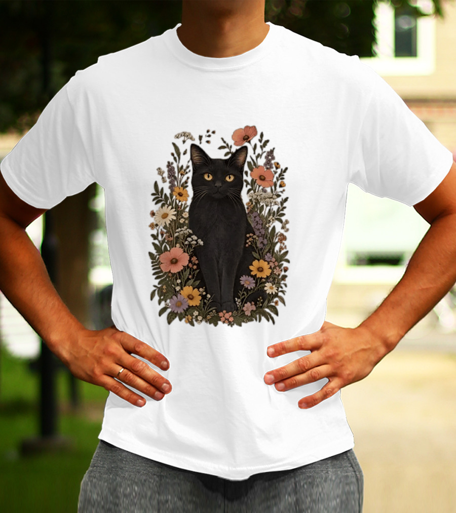 Black Cat In Blooming Garden Of Wildflowers T-Shirt