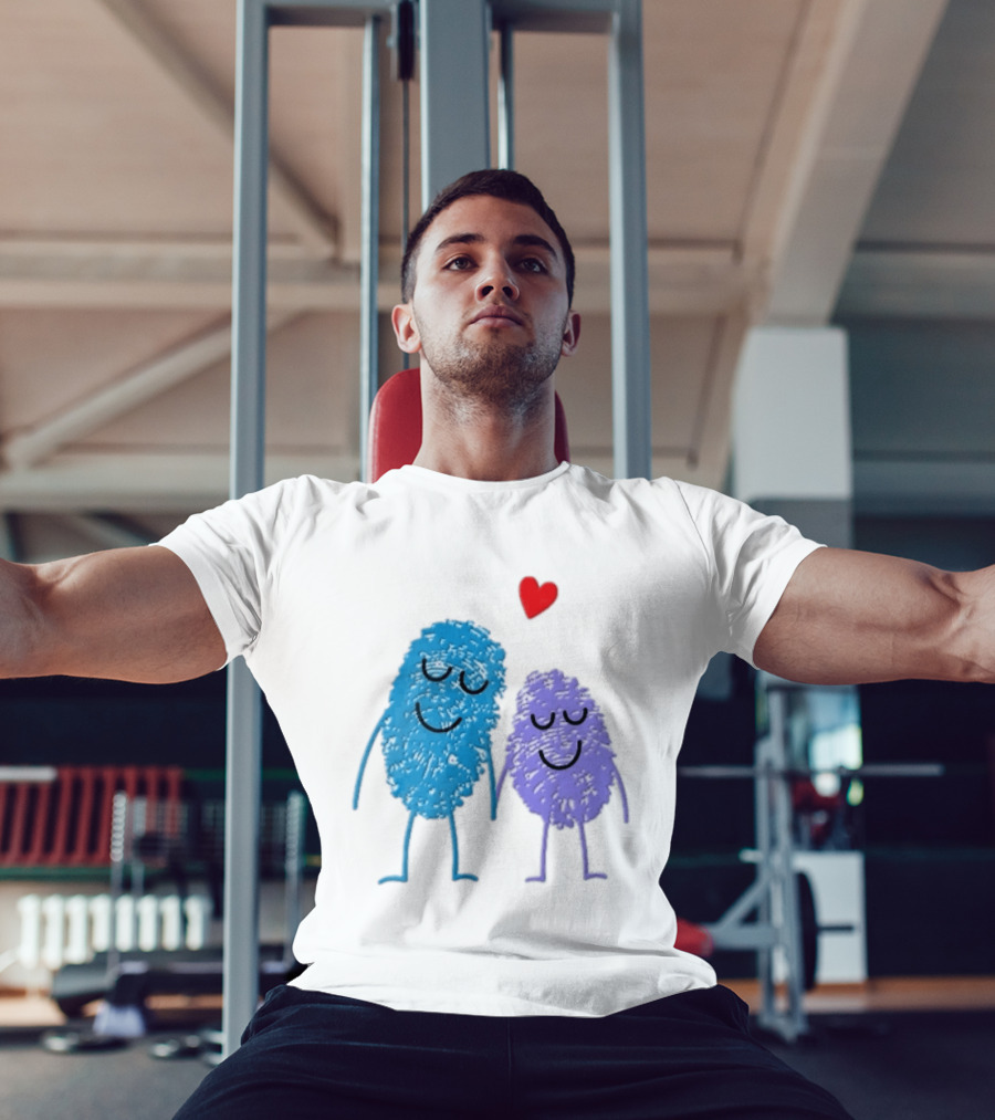 Blue Purple Fingerprint Characters Holding Hands Red Heart Cartoon T-Shirt