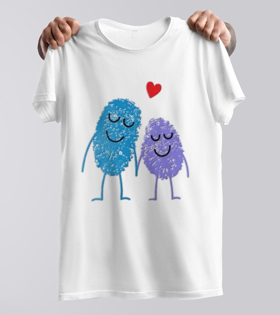 Blue Purple Fingerprint Characters Holding Hands Red Heart Cartoon T-Shirt