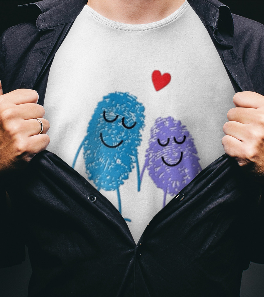 Blue Purple Fingerprint Characters Holding Hands Red Heart Cartoon T-Shirt