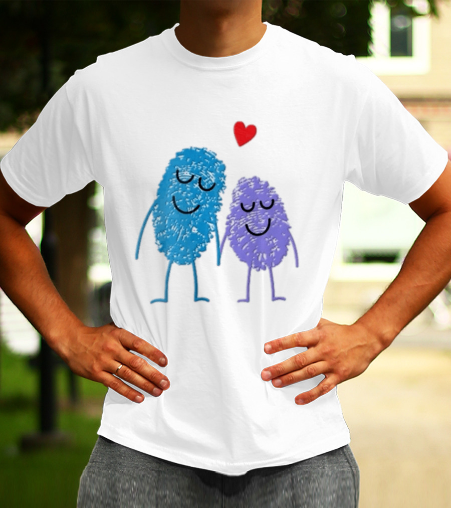 Blue Purple Fingerprint Characters Holding Hands Red Heart Cartoon T-Shirt