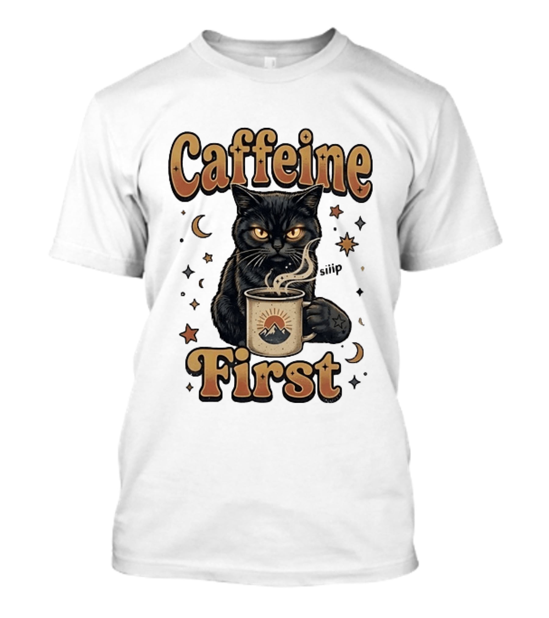 Caffeine First Cat With Coffee Moon Stars T-Shirt