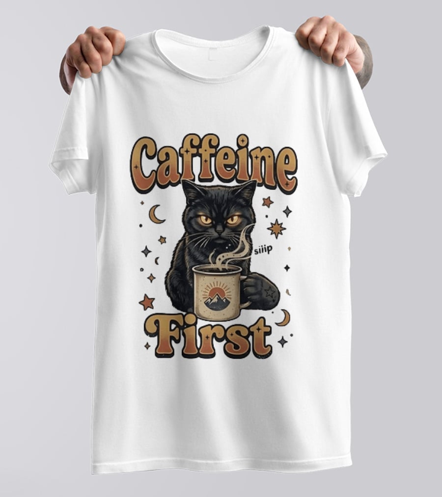 Caffeine First Cat With Coffee Moon Stars T-Shirt