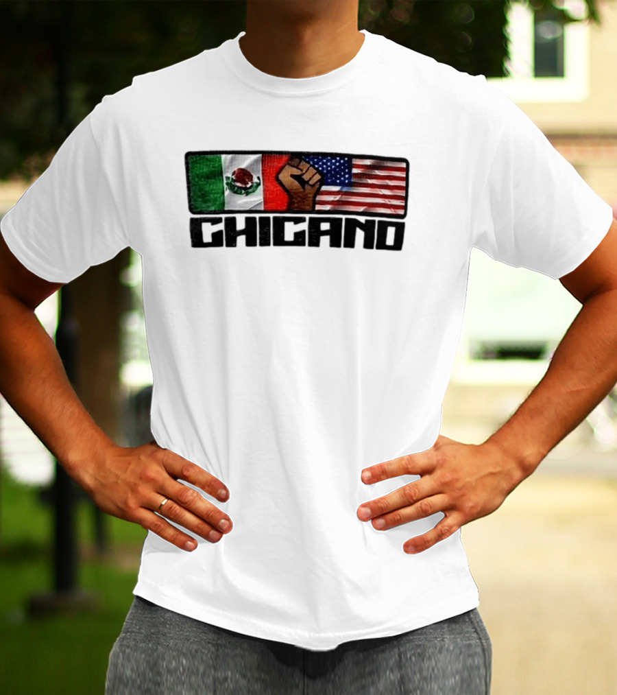 Chicano Mexican And American Flags With Raised Fist T-Shirt