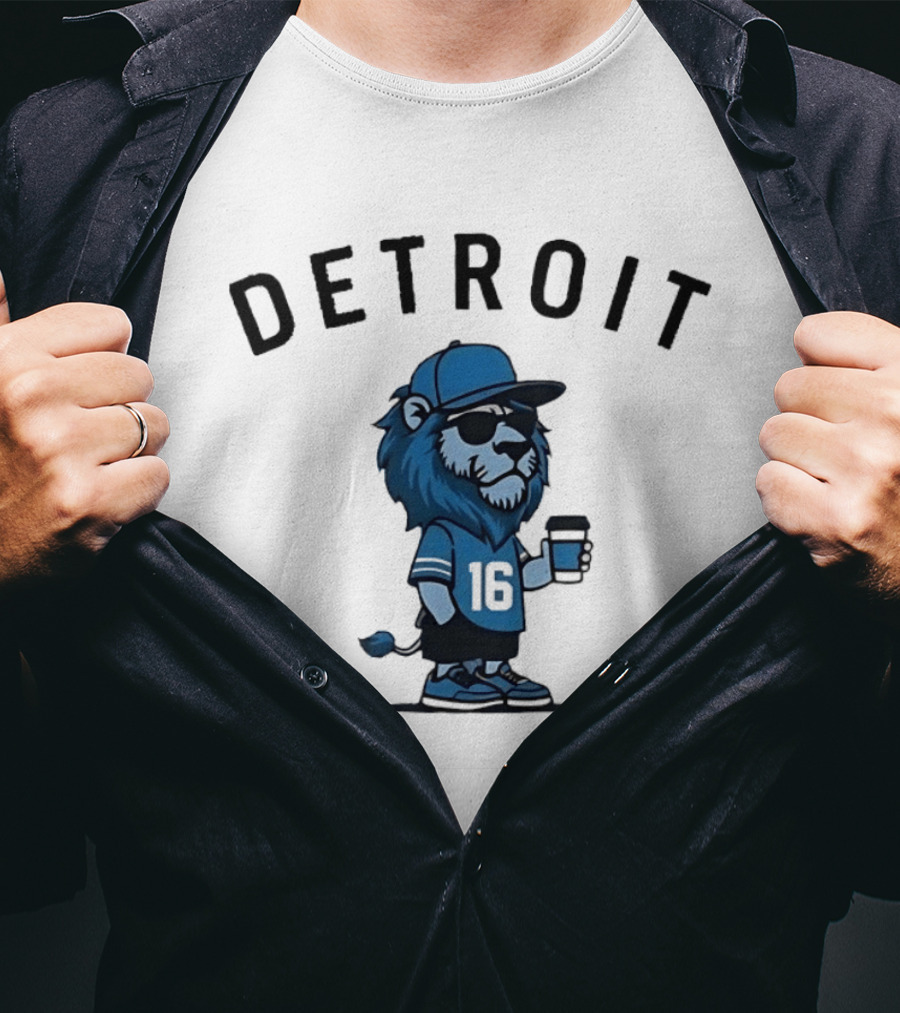 Detroit Lions Lion Mascot Jersey 16 With Coffee T-Shirt