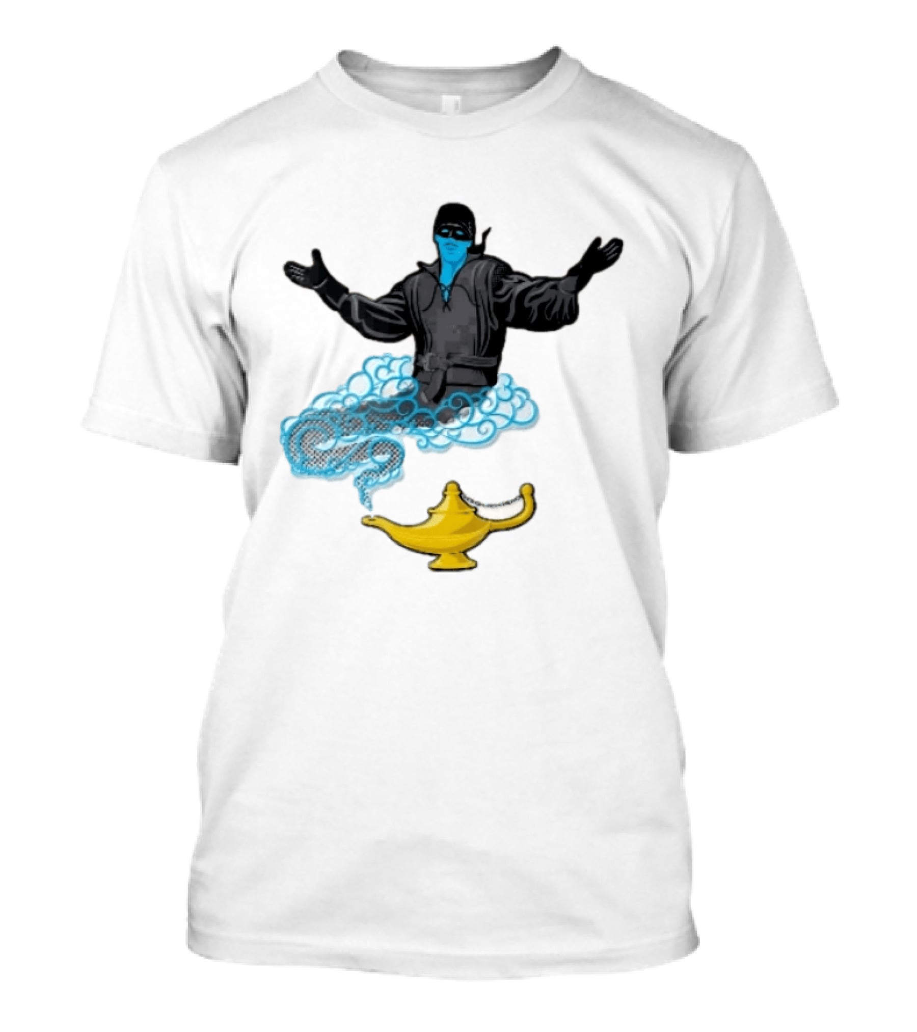 Dread Pirate Roberts Genie Man In Black With Golden Magic Lamp Halftone Cartoon T-Shirt