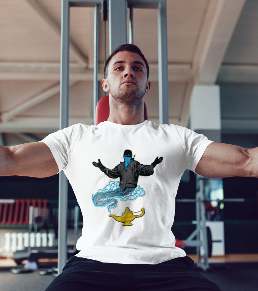 Dread Pirate Roberts Genie Man In Black With Golden Magic Lamp Halftone Cartoon T-Shirt