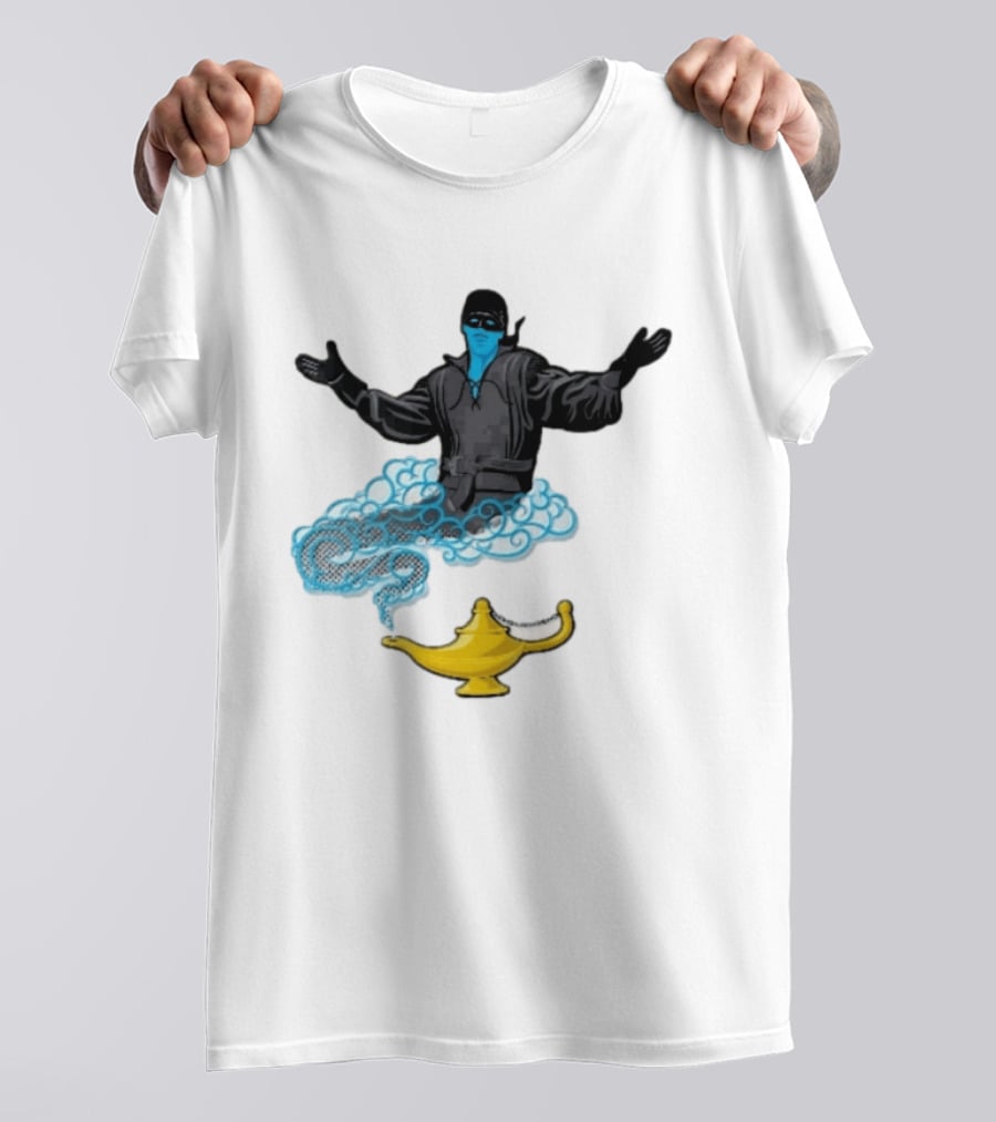 Dread Pirate Roberts Genie Man In Black With Golden Magic Lamp Halftone Cartoon T-Shirt