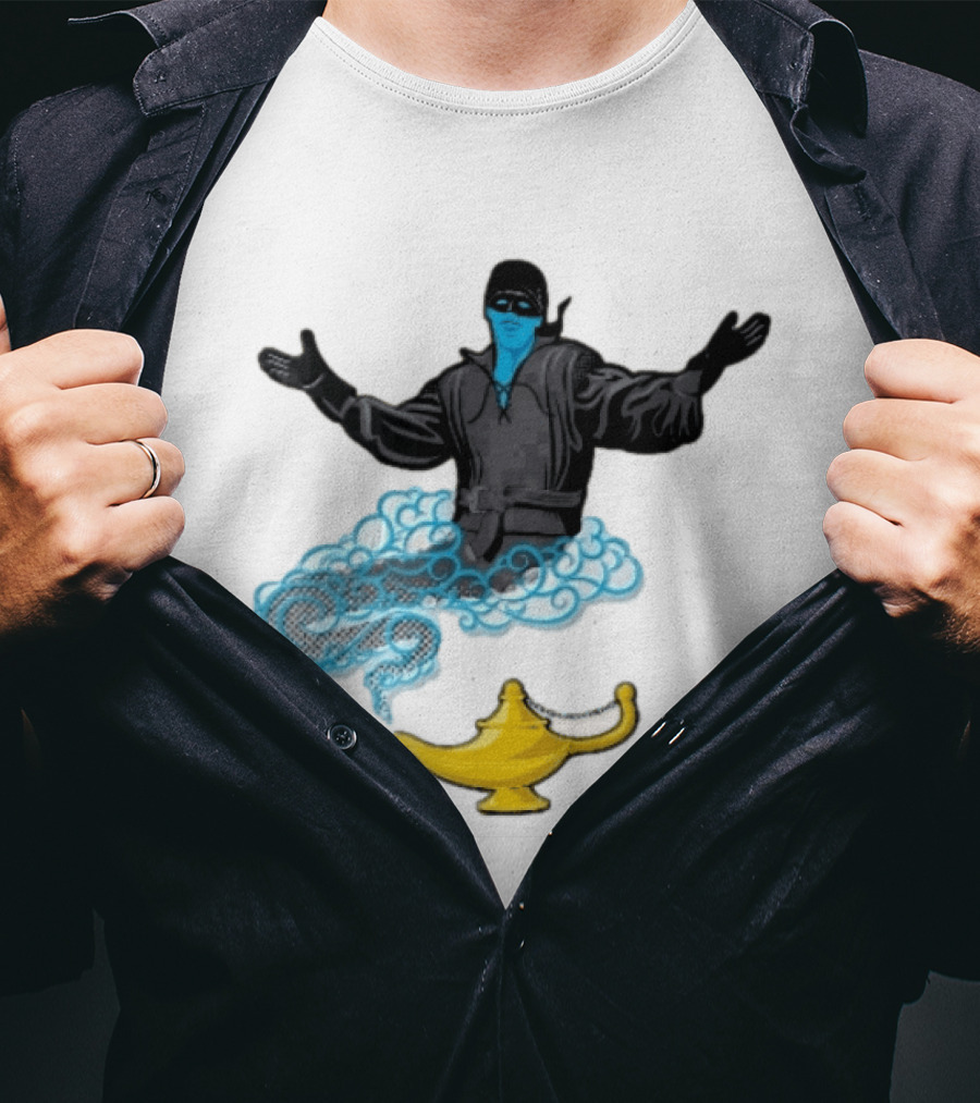Dread Pirate Roberts Genie Man In Black With Golden Magic Lamp Halftone Cartoon T-Shirt