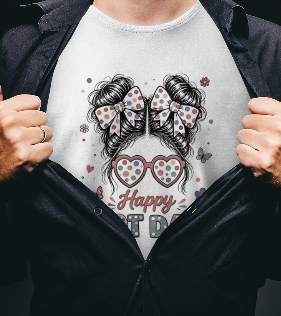 Happy Dot Day Colorful Polka Dot Messy Bun Bow Glasses T-Shirt