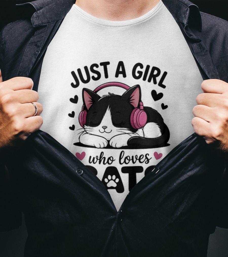 Just A Girl Who Loves Cats Kitten With Headphones T-Shirt