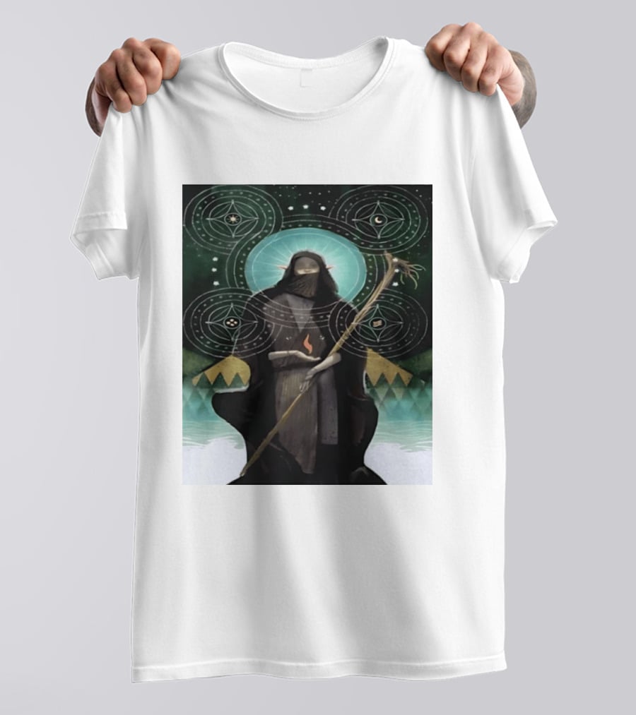 Mystical Elf Mage Staff Elemental Magic Symbols Enchanted Circles T-Shirt