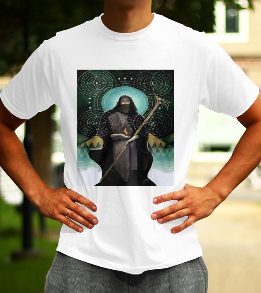 Mystical Elf Mage Staff Elemental Magic Symbols Enchanted Circles T-Shirt