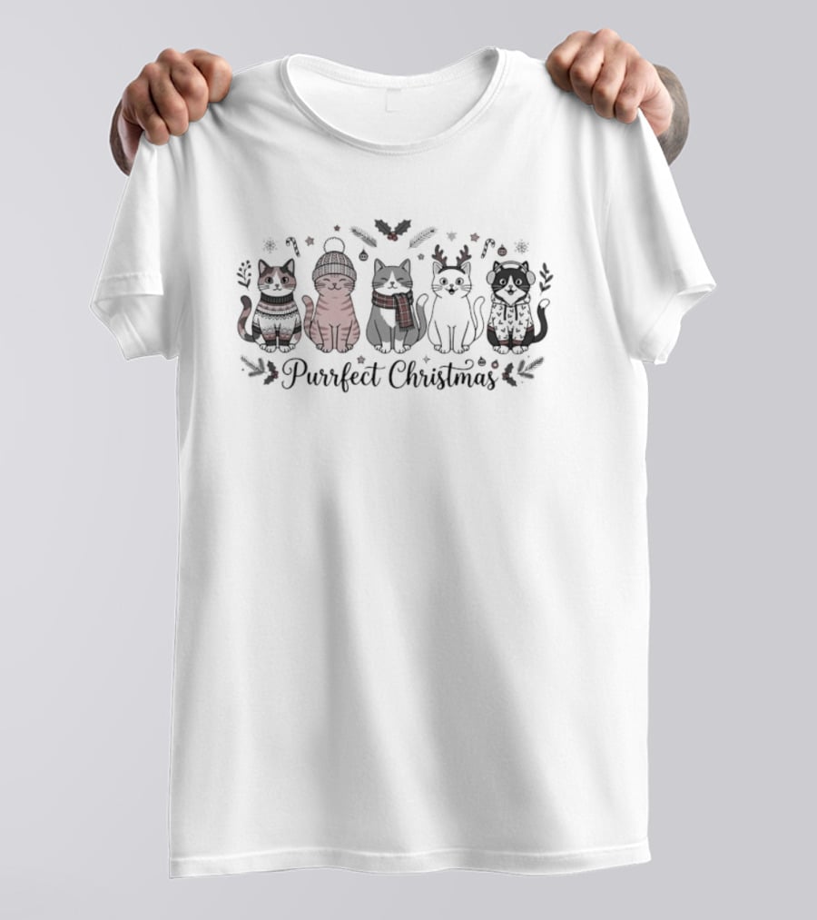 Purrfect Christmas Cats In Festive Winter Outfits T-Shirt