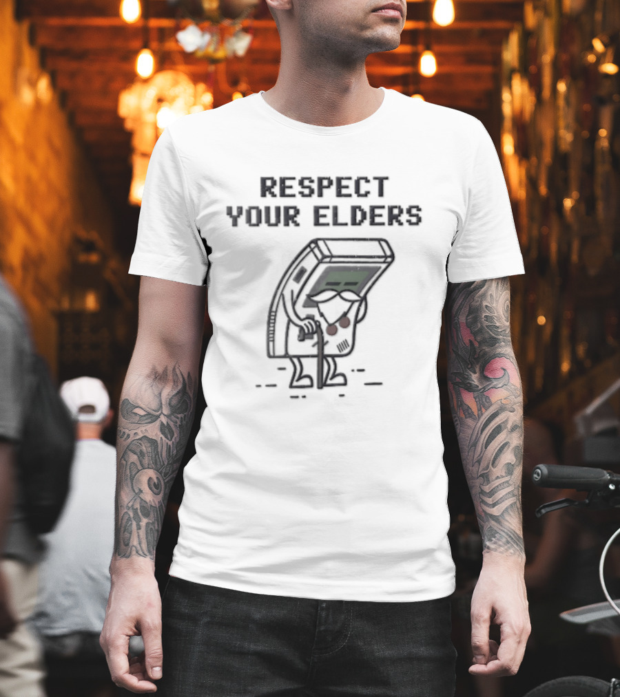 Respect Your Elders Distressed Cartoon Game Boy Walking Cane T-Shirt