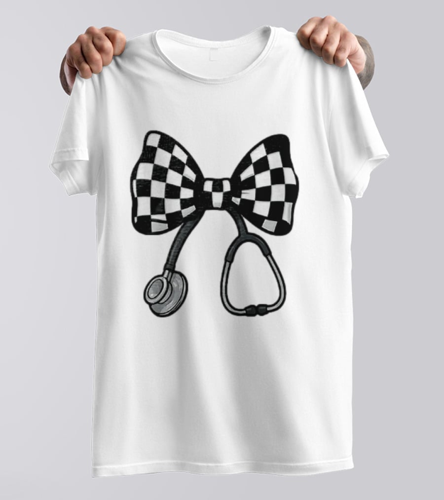 Checkered Bow Stethoscope Medical Nurse T-Shirt