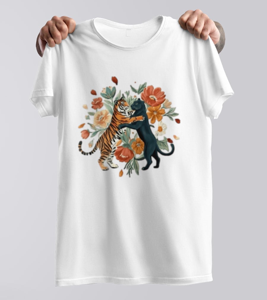 Tiger Black Panther Embrace Floral Bouquet Watercolor T-Shirt
