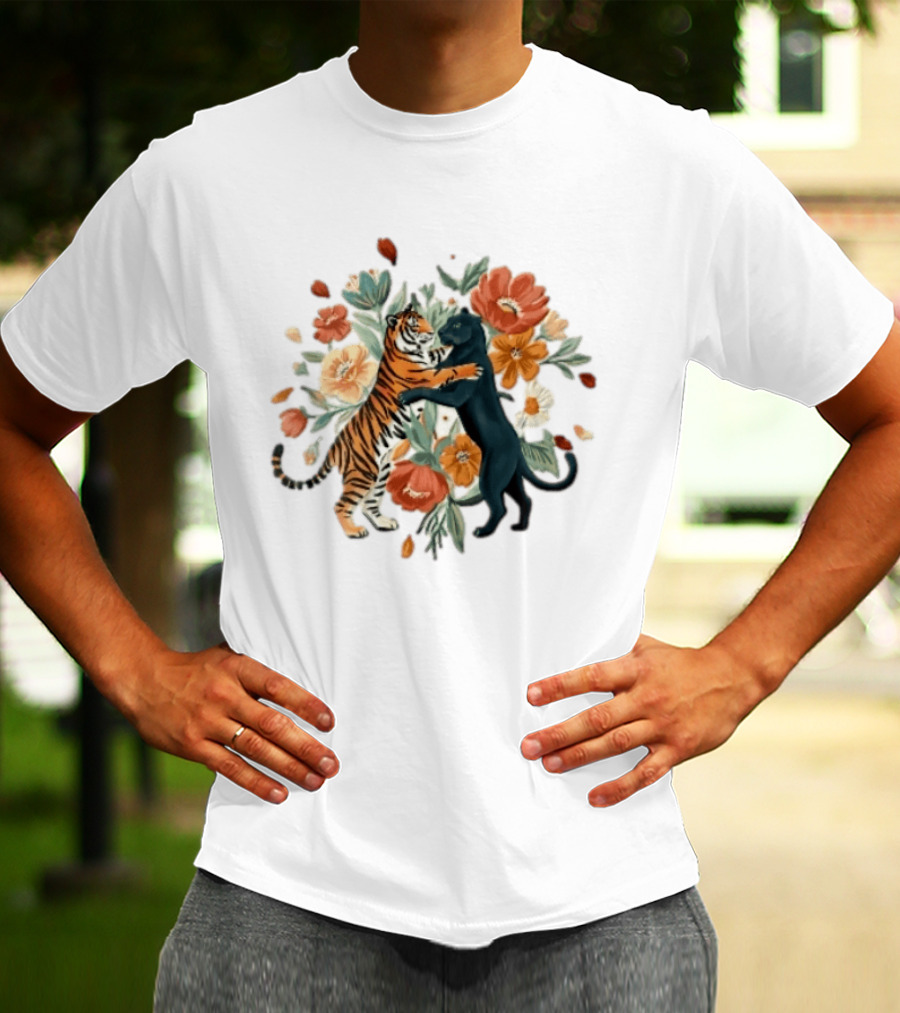 Tiger Black Panther Embrace Floral Bouquet Watercolor T-Shirt