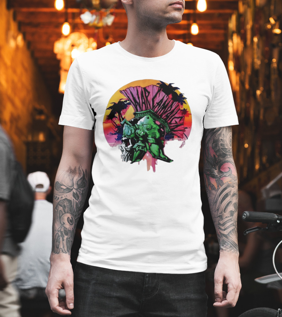 Warcraft Skull Spartan Helmet Tropical Sunset T-Shirt