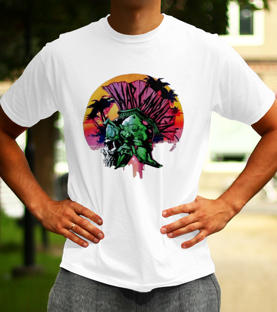 Warcraft Skull Spartan Helmet Tropical Sunset T-Shirt