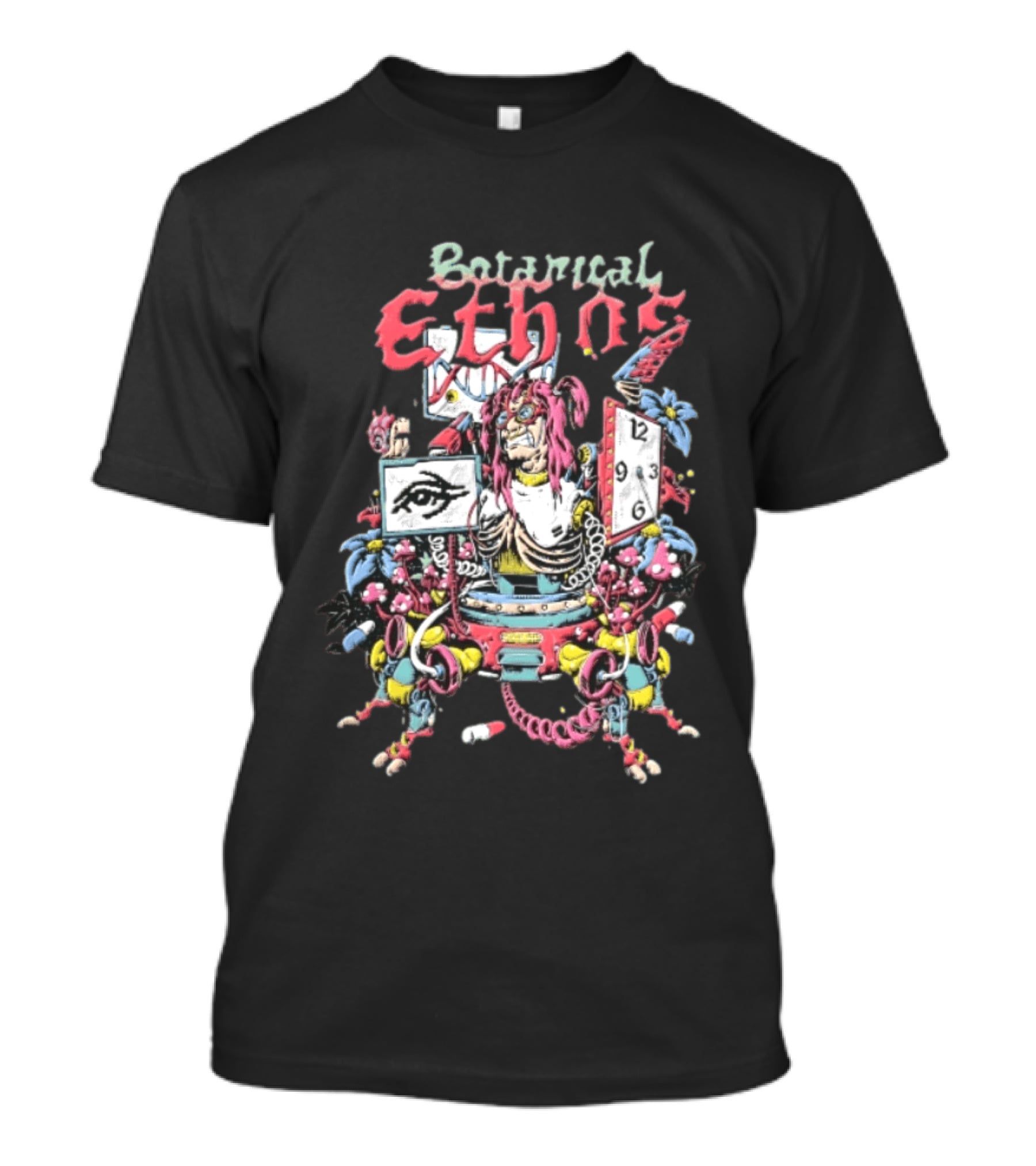 Botanical Ethnos Cyberpunk Cyborg DNA Strand Pill Mushroom Cartoon T-Shirt