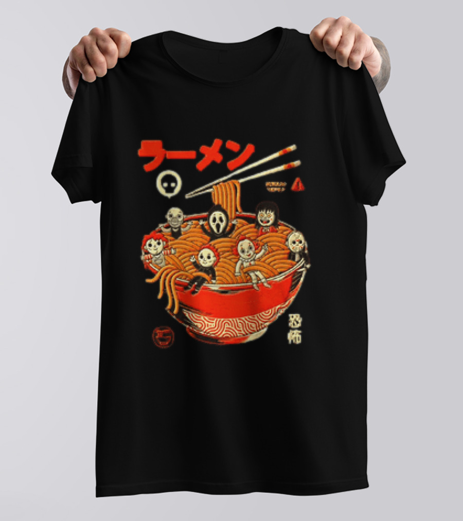 Chucky Ghostface Kayako Michael Myers Pennywise Jason Voorhees Ramen Horror Characters Eat Scream T-Shirt