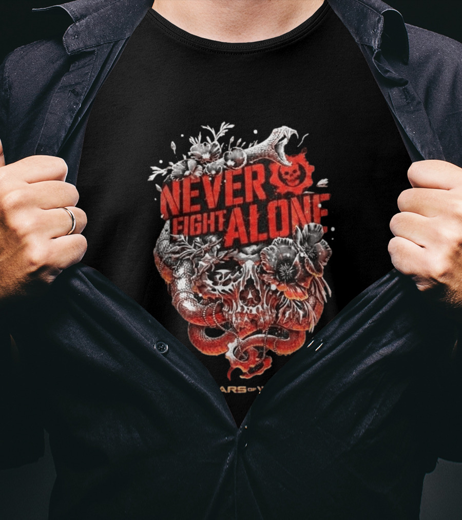 Gears Of War Never Fight Alone Skull Floral Snake T-Shirt