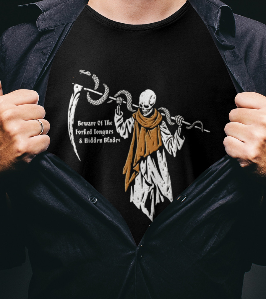 Beware Of The Forked Tongues And Hidden Blades Grim Reaper Snake T-Shirt