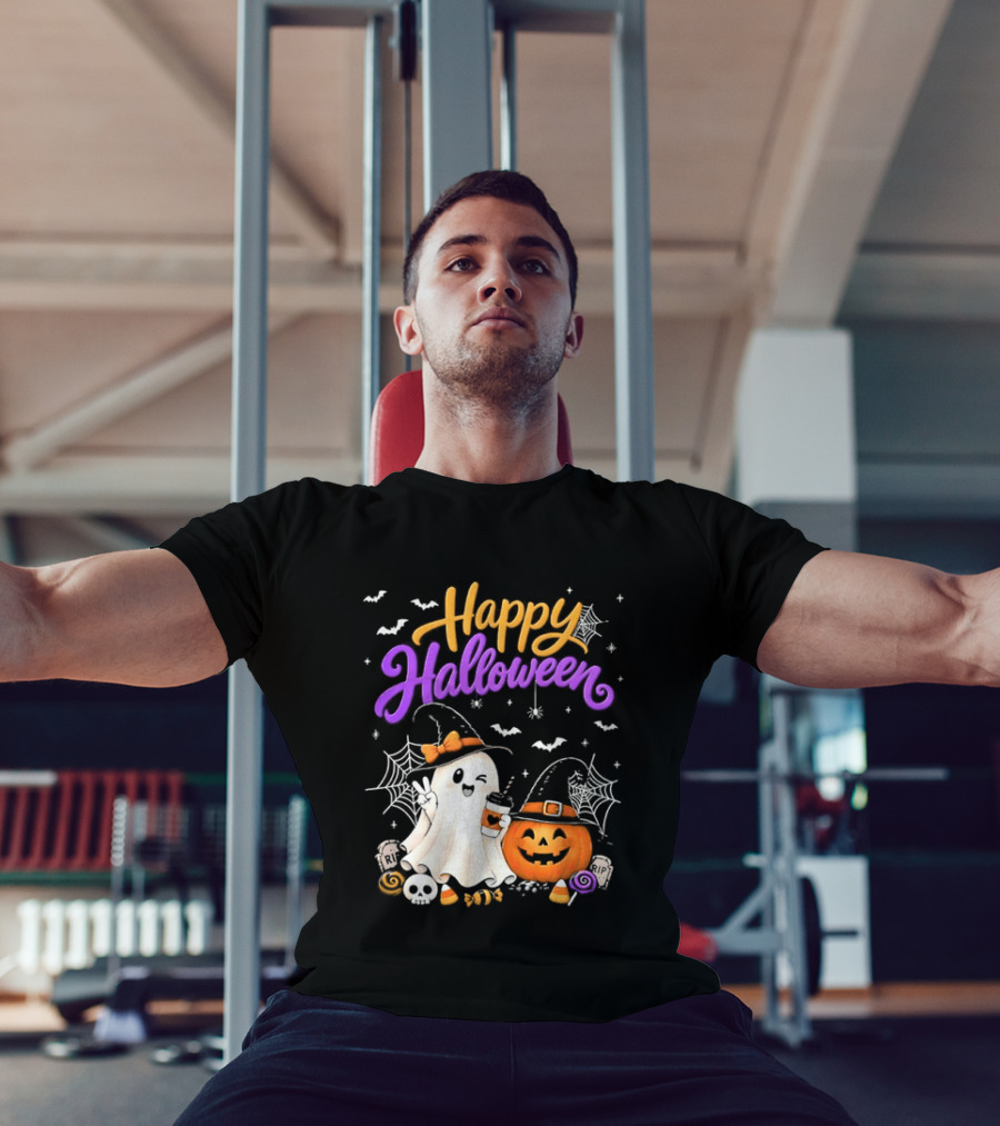 Happy Halloween Ghost Pumpkin Candy And Spider Webs T-Shirt