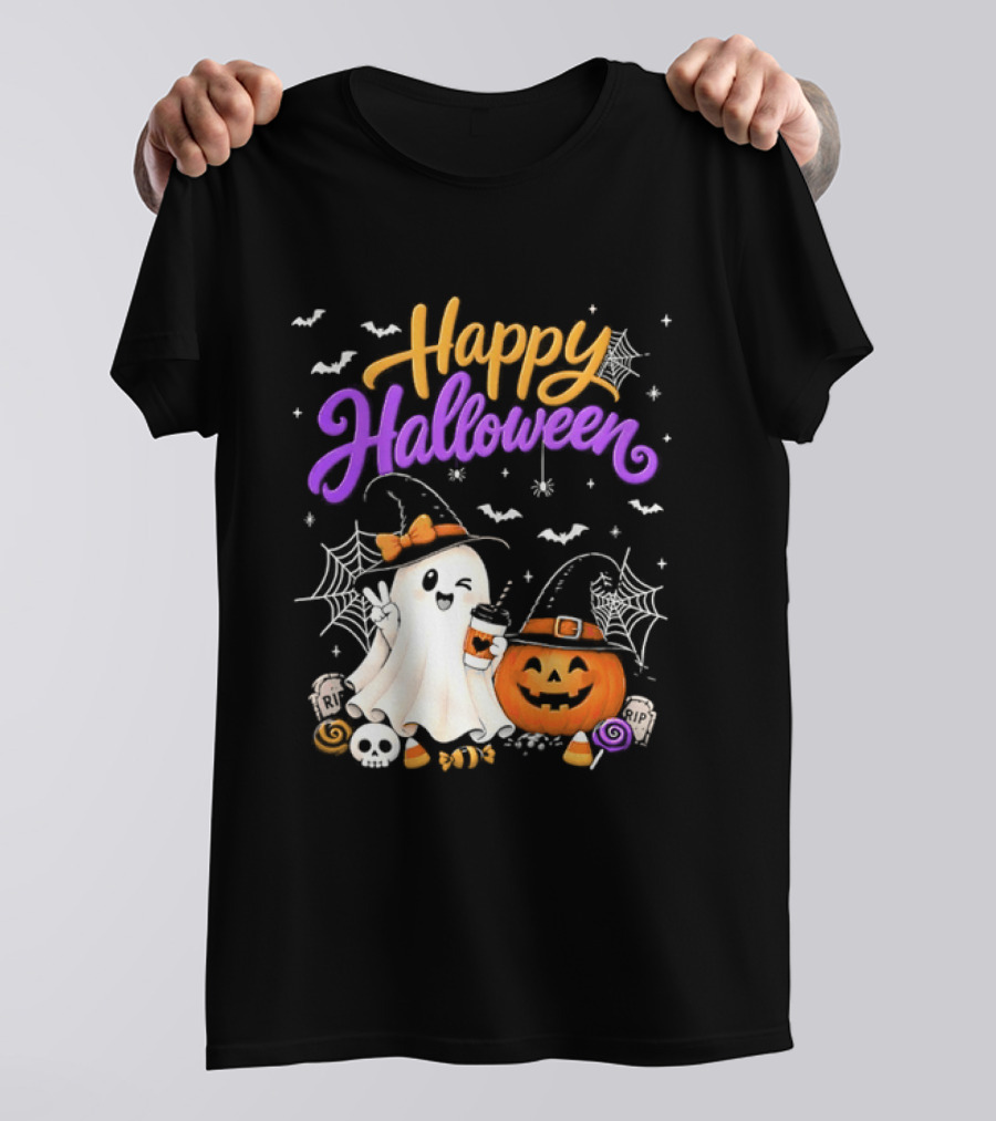 Happy Halloween Ghost Pumpkin Candy And Spider Webs T-Shirt
