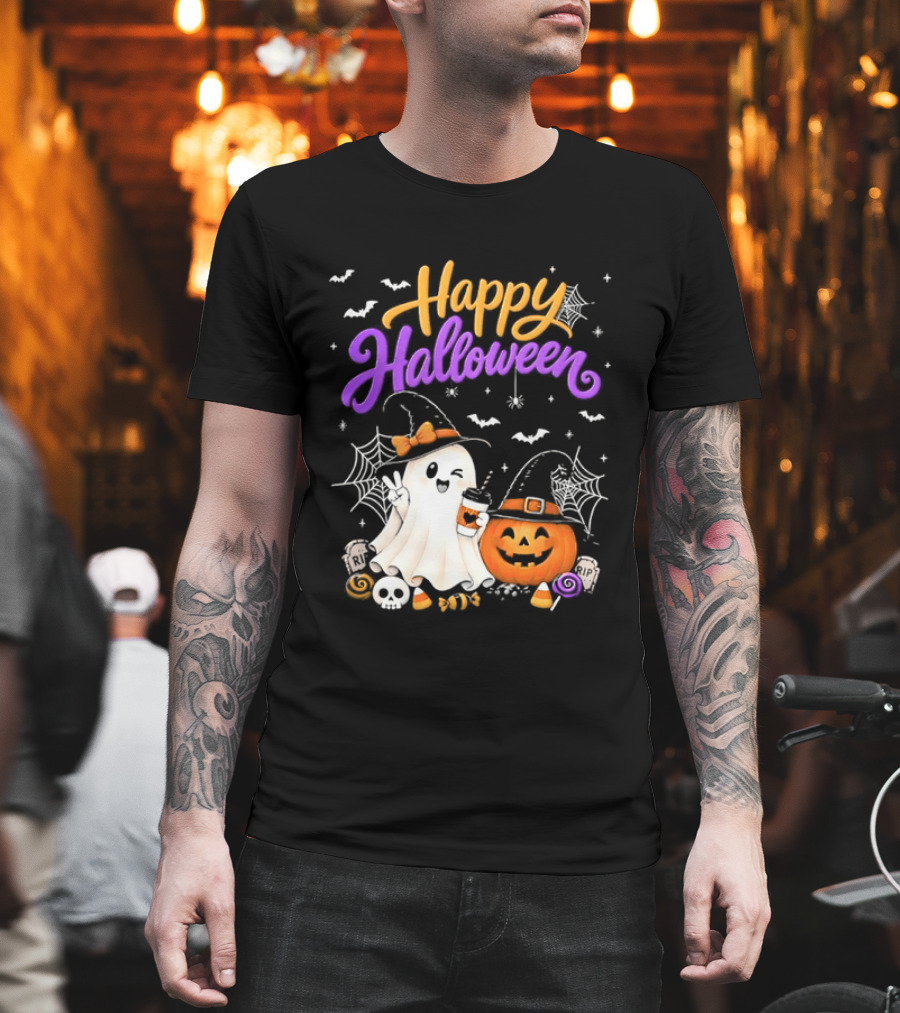 Happy Halloween Ghost Pumpkin Candy And Spider Webs T-Shirt