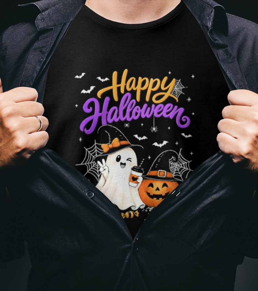 Happy Halloween Ghost Pumpkin Candy And Spider Webs T-Shirt