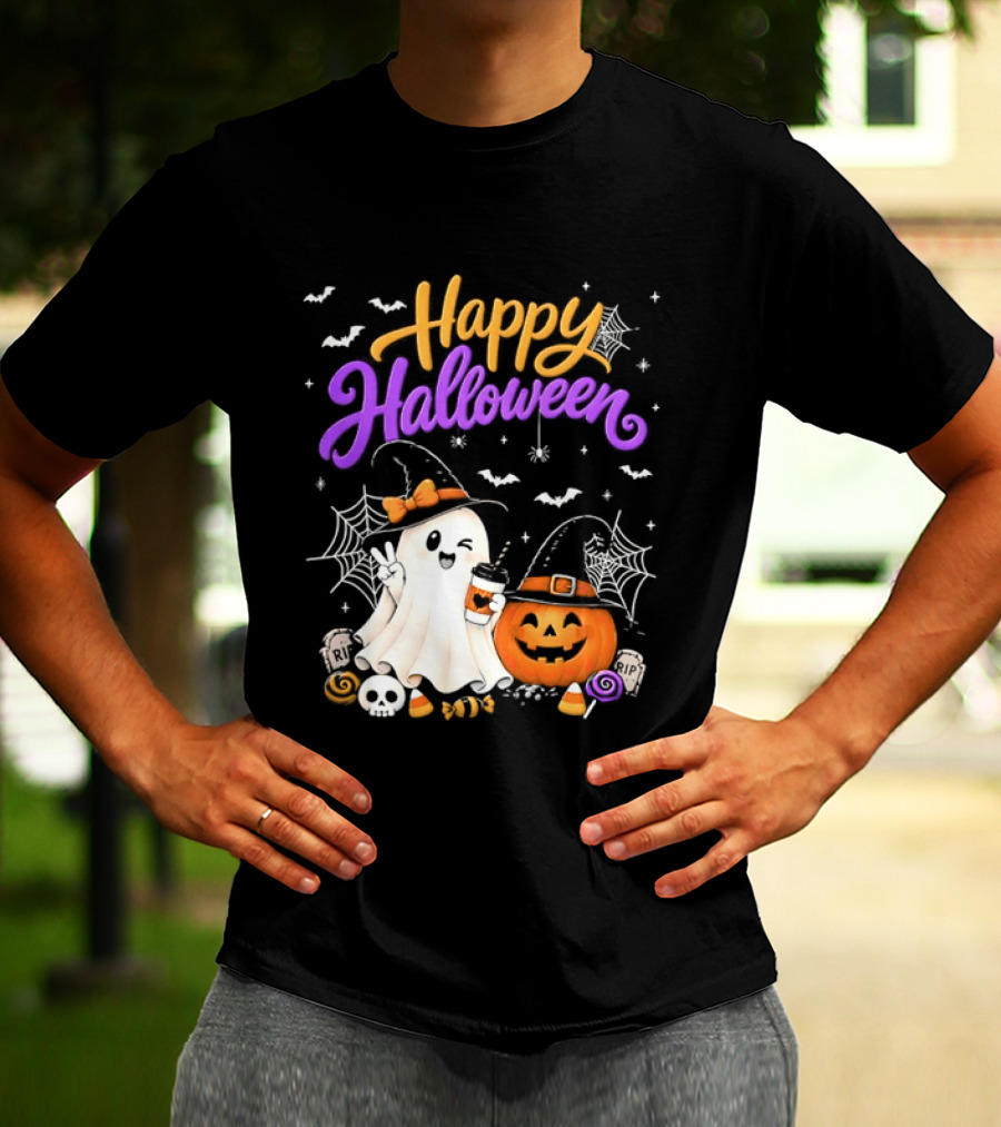 Happy Halloween Ghost Pumpkin Candy And Spider Webs T-Shirt