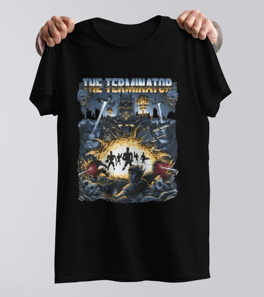 The Terminator Explosive Battle Scene Skull Motif With 800 Endoskeleton T-Shirt