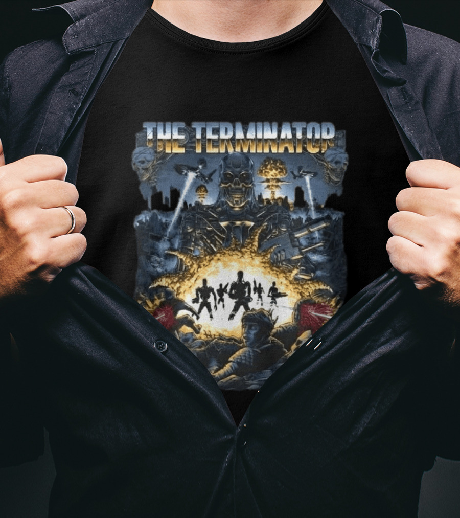 The Terminator Explosive Battle Scene Skull Motif With 800 Endoskeleton T-Shirt