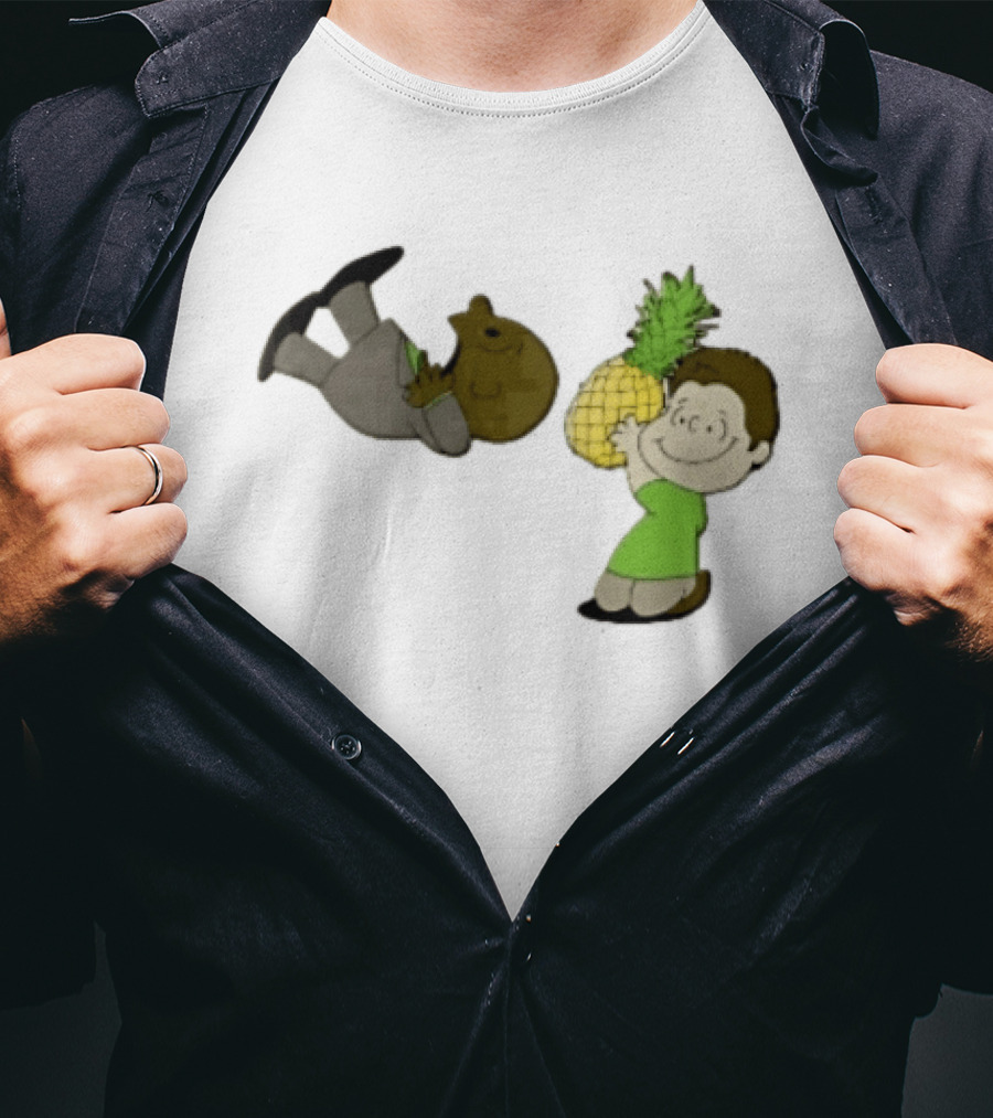 Cartoon Smiling Boy With Upside Down Pineapple Suit Person T-Shirt