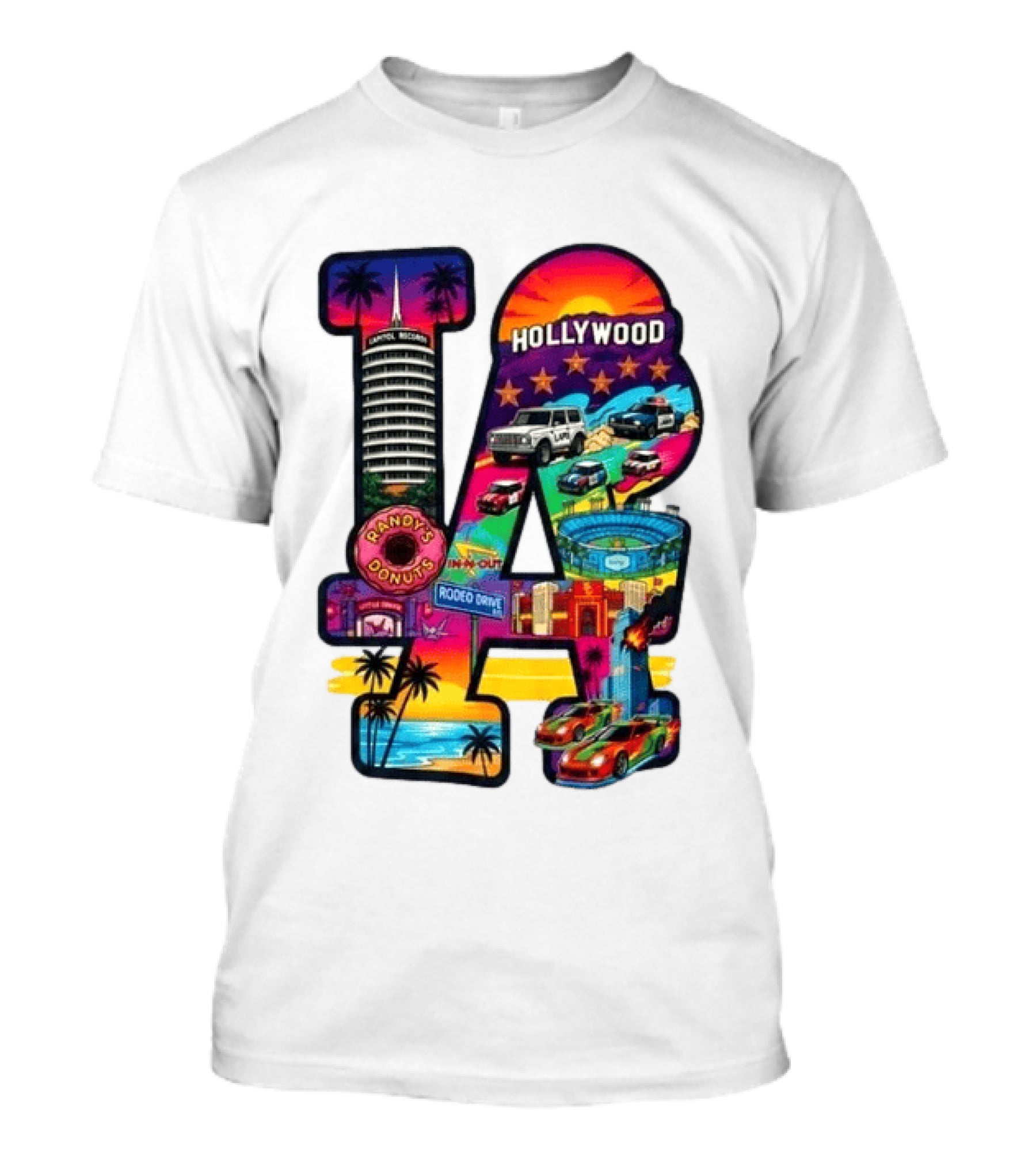 Los Angeles Hollywood Randy's Donuts Rodeo Drive Palm Trees Dodgers Stadium T-Shirt