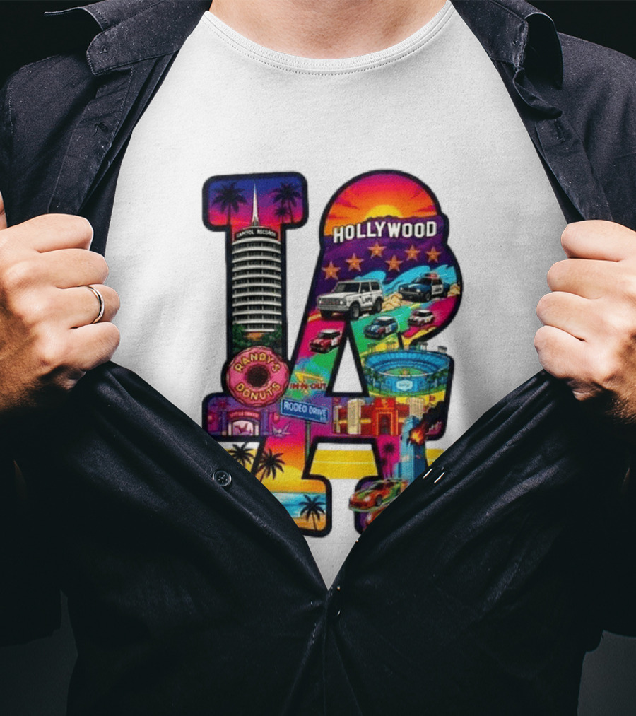 Los Angeles Hollywood Randy's Donuts Rodeo Drive Palm Trees Dodgers Stadium T-Shirt