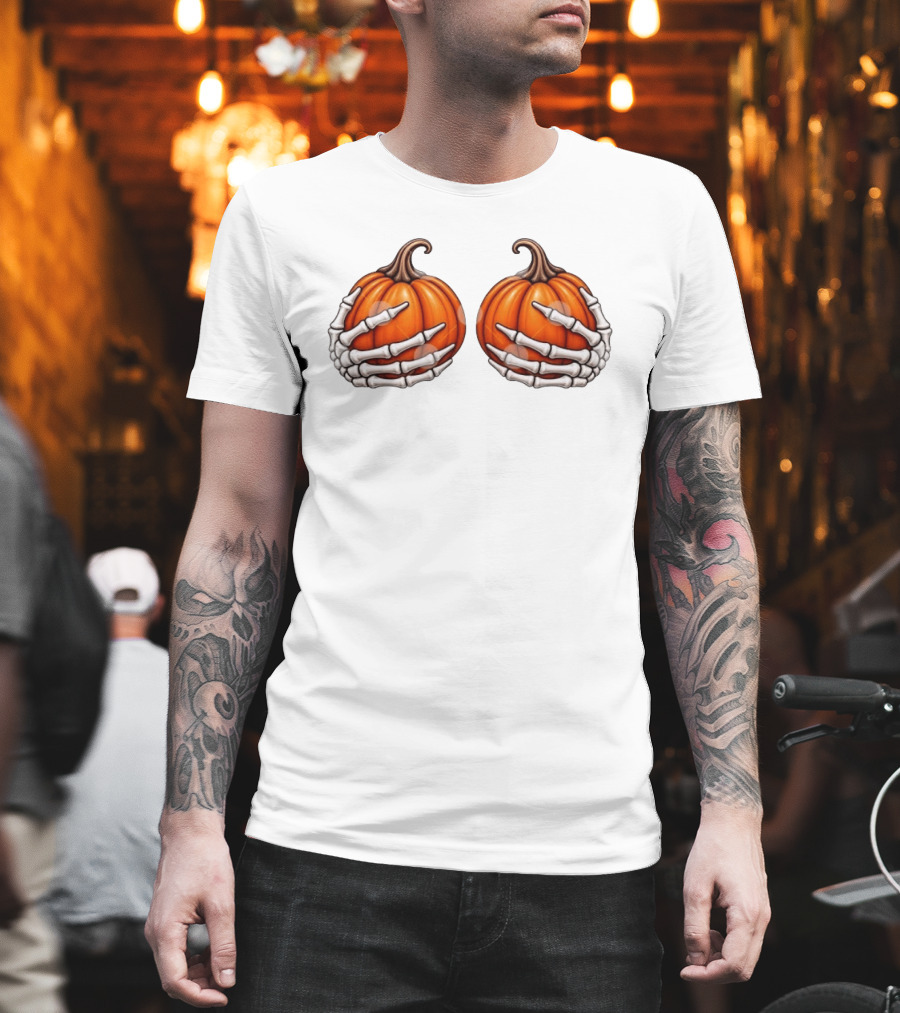 Skeleton Hands Holding Pumpkins Halloween Scary Realistic T-Shirt