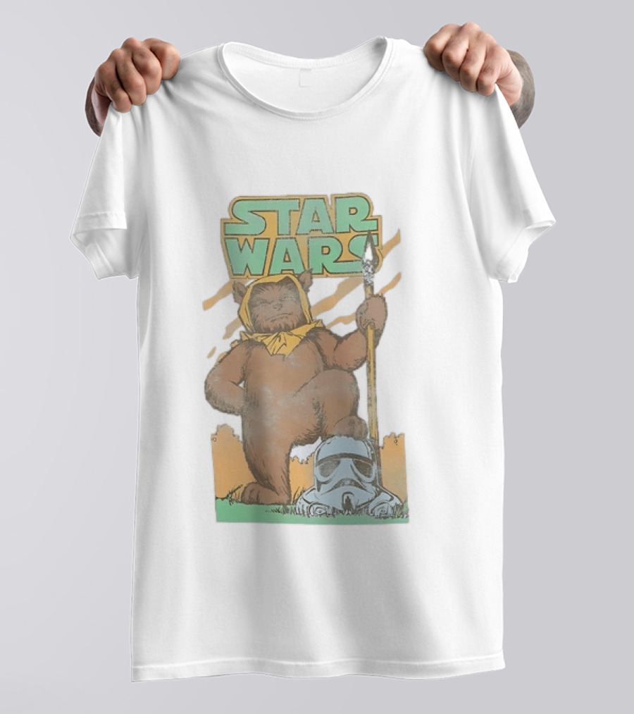 Star Wars Ewok Holding Spear With Stormtrooper Helmet T-Shirt