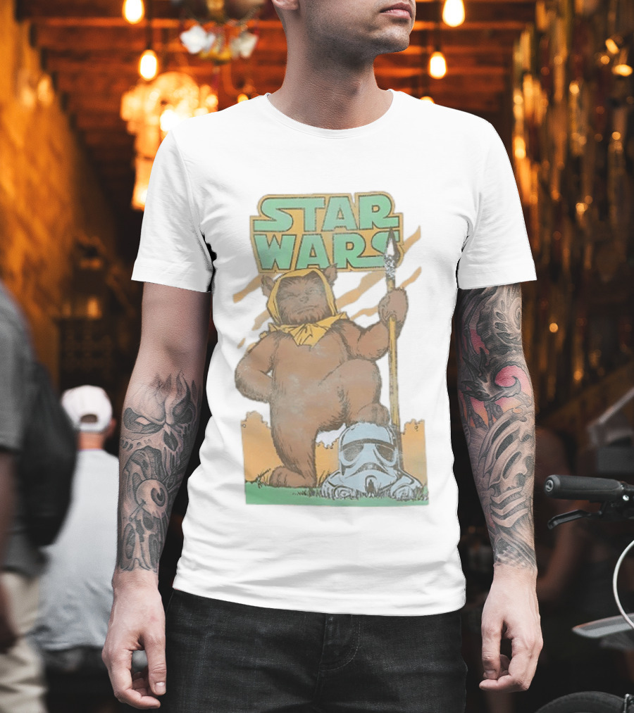 Star Wars Ewok Holding Spear With Stormtrooper Helmet T-Shirt