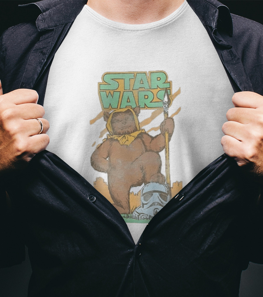 Star Wars Ewok Holding Spear With Stormtrooper Helmet T-Shirt
