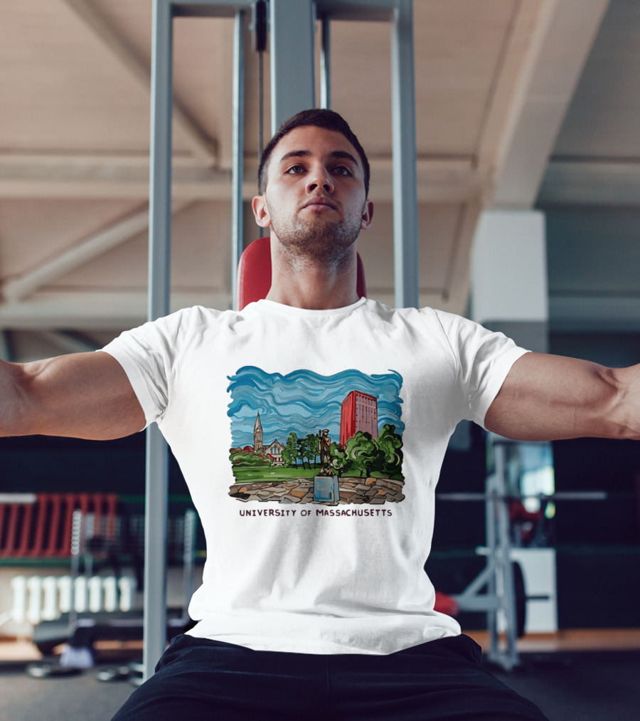 University Of Massachusetts Landmark Campus Scene Tower And Trees T-Shirt