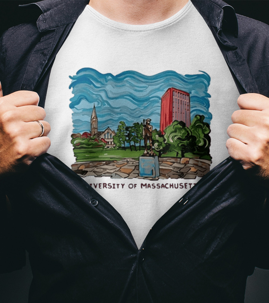 University Of Massachusetts Landmark Campus Scene Tower And Trees T-Shirt