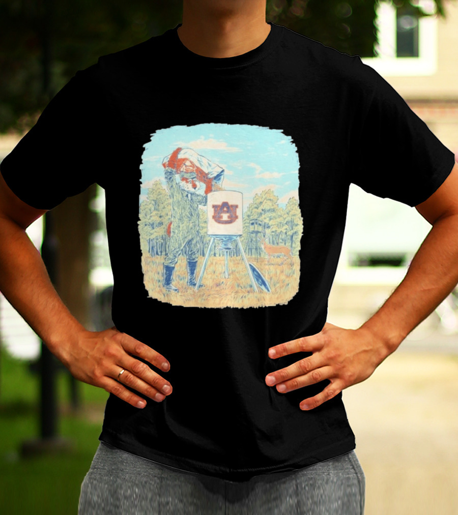 Aubie The Tiger Auburn University Deer Hunting Scene With Feeder And Deer T-Shirt