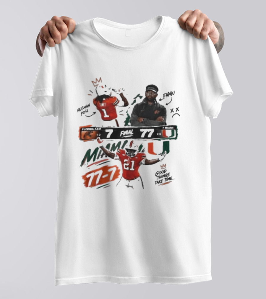 Miami 77 Final Florida A&M 7 College Football Game Highlights T-Shirt
