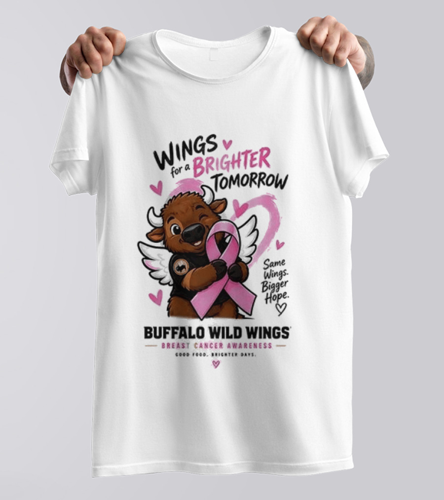Wings For A Brighter Tomorrow Buffalo Wild Wings Breast Cancer Awareness Pink Ribbon Hearts T-Shirt